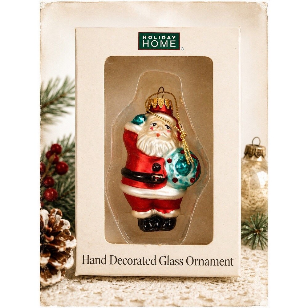 Vintage Holiday Home Glass Santa Ornament Blue Gift Sack Boxed 3" Hand Painted